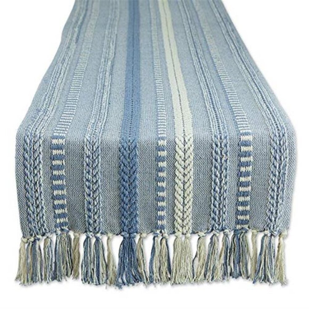 Cotton Table Runner Woven Braided Farmhouse Fringe Stonewash Blue 15x72 Inches